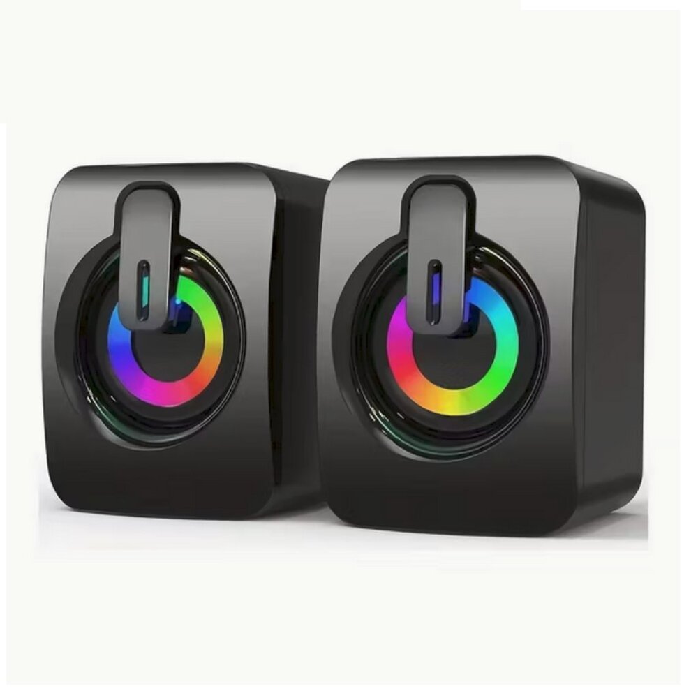 Mini Computer PC Speakers Black Rainbow Lights HiFi Stereo USB Wired LED Gaming